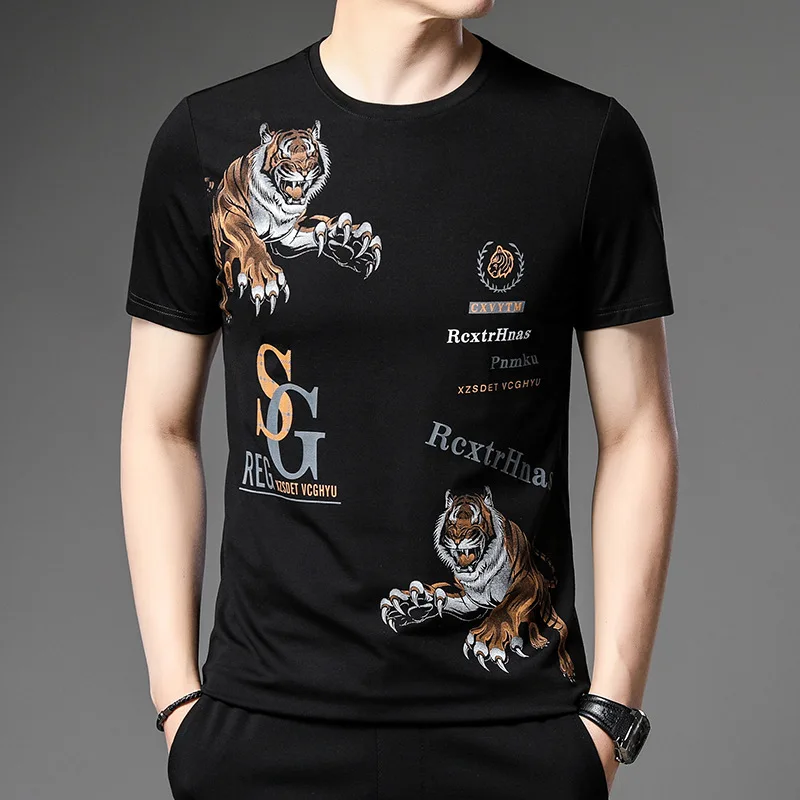 

Tiger Print Short-sleeved T Shirts Men's 2022 Summer New Youth Chinese Style Round Neck Thin Ice Silk T-shirt Slim Plus Size