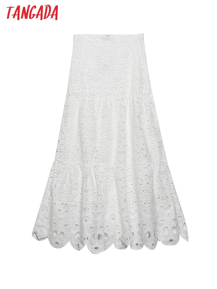 

Tangada 2022 New Women White Emboridery Cotton Long Skirt Vintage Side Zipper Ladies Chic Mid Calf Skirts 6H85