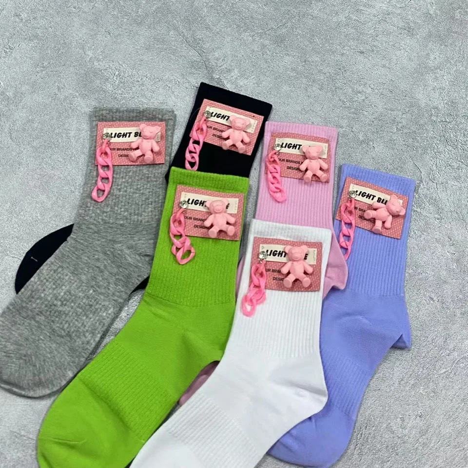Age Reducing Cute Bear Chain Pink Students Cotton Socks Trendy All-match Net Red All Seasons Wearing Medium Tube Stockings 2023