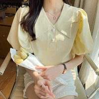 qoerlin puff sleeve plaid shirts short sleeve summer blouse women chiffon shirt top v neck design loose tops shirts