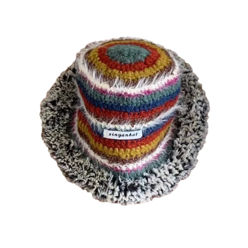 

Color Matching Bucket Hat for Woman Weaving Stripe Pattern Wide Brim Bucket Hat Adult Teens Summer Fisherman Cap