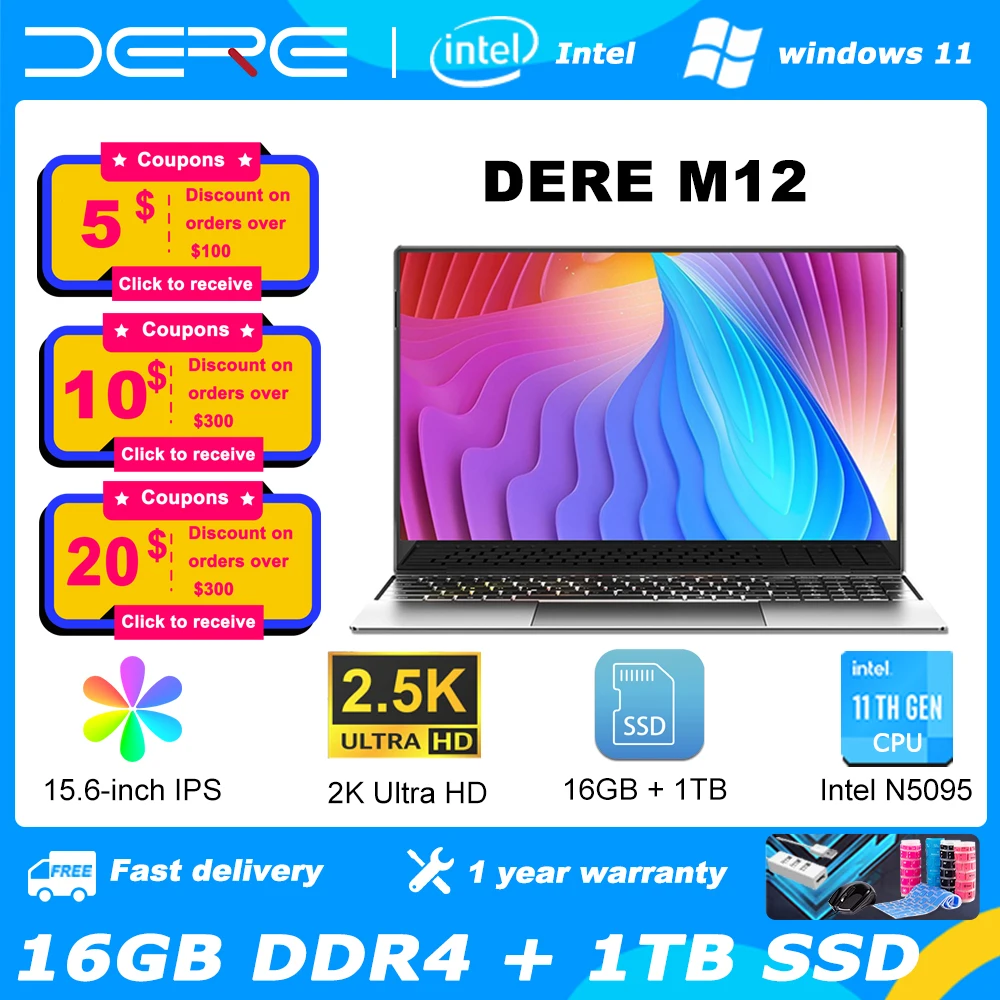 DERE laptops M12, 15.6-inch 2.5K IPS, 16GB RAM + 1TB SSD , Intel Celeron N5095, Office Learning Computer Windows 11 Notebook