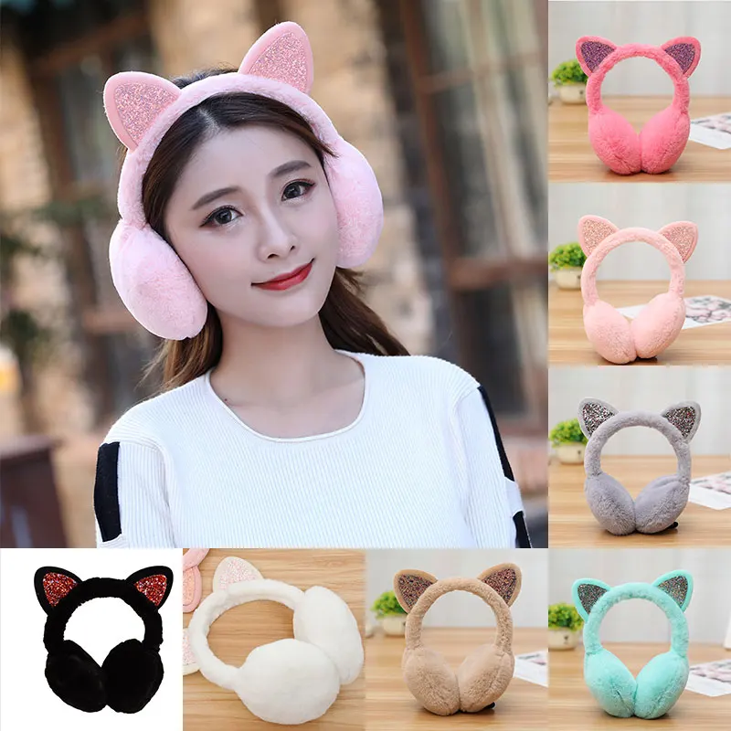 

Winter Outdoor Cycling Warm Sequin Earmuffs Fluffy Earflap Headband Women Girls Cute Cat Rabbit Fox Animal Ears Warmer