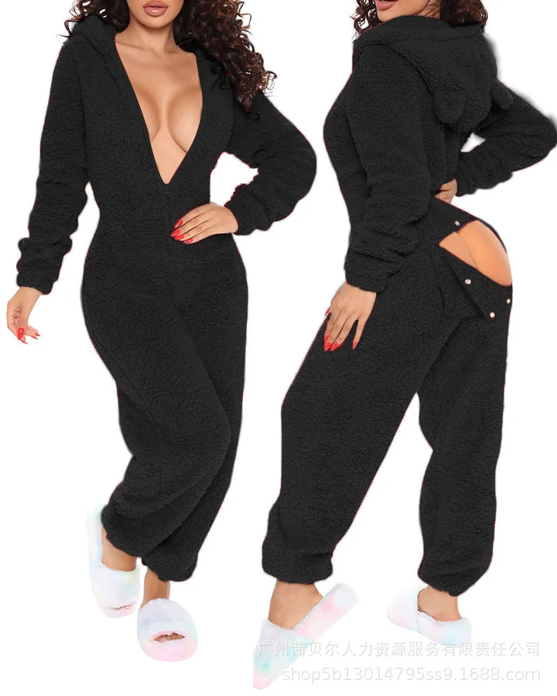 New Casual Solid Hooded Sets Winter Women Jumpsuits Simple Plush Ladies Sleep Clothes Spring And Autumn