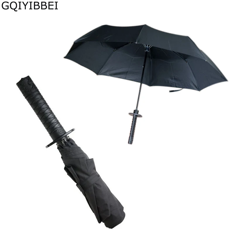 Creative Japanese Samurai Ninja-like Sword Dagger Shape Umbrella Long-handle Black Rain Sun Folding knife Umbrellas |