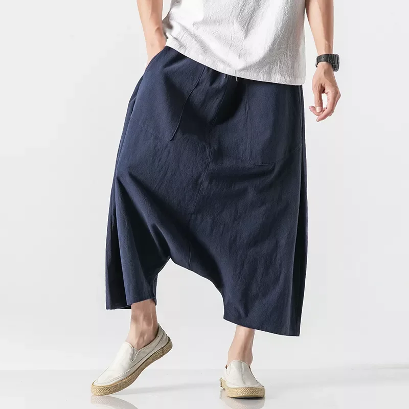 

Cotton Linen Loose Large Cropped Trousers Wide-legged Bloomers 2020 Korean Style Baggy Pants Men's Wide Crotch Harem Pants
