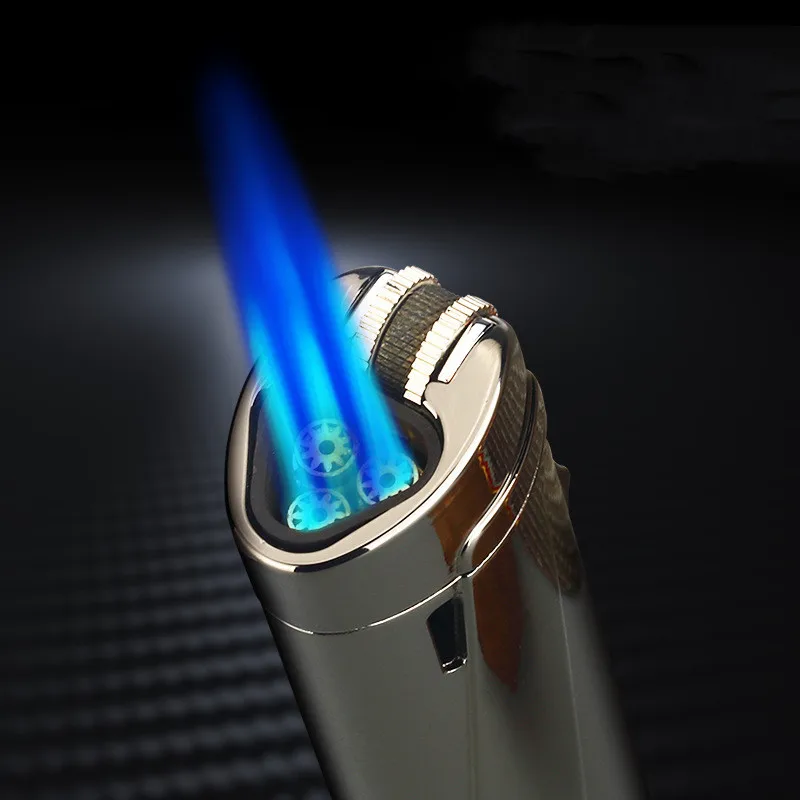 

Jobon New Metal Three Torch Turbojet Butane Gas Lighter Grinding Wheel Flint Outdoor Windproof Cigar Lighter Men's Gift