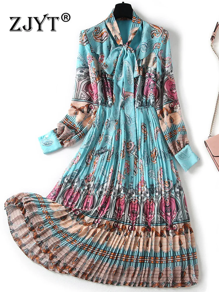 ZJYT Spring New Bow Collar Print Chiffon Dresses for Women Elegant Long Sleeves Elastic Waist Casual Boho Midi Pleated Vestidos