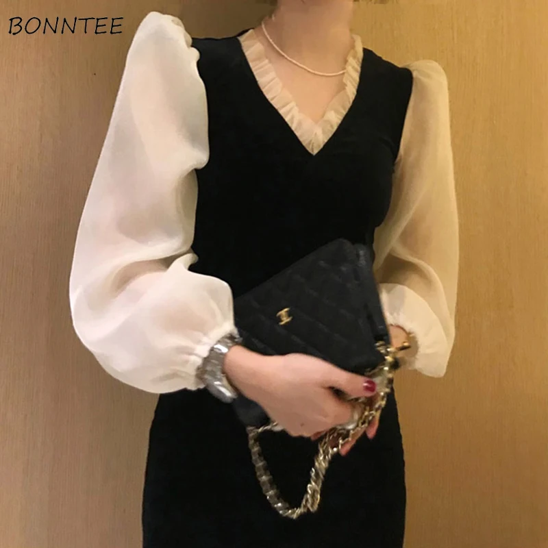 

Dresses Women Casual Spring V-neck Patchwork Lantern Sleeves Pullovers A-line Sexy Fashion Gentle Vestido Feminino Streetwear