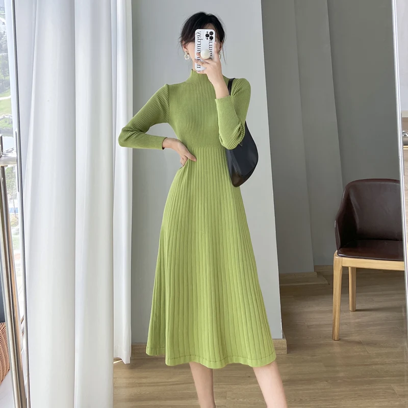 

Long Sleeve Bodycon Dress for Women Elegant Party Half High Collar Knitted Sweater Warm Midi Dresses Ladies Autumn Winter 2023