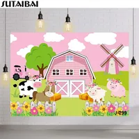 Farm Theme Birthday Backdrop Photography Pink Barn Flower Child Birthday Party Photo Background Banner Cartoon Animals