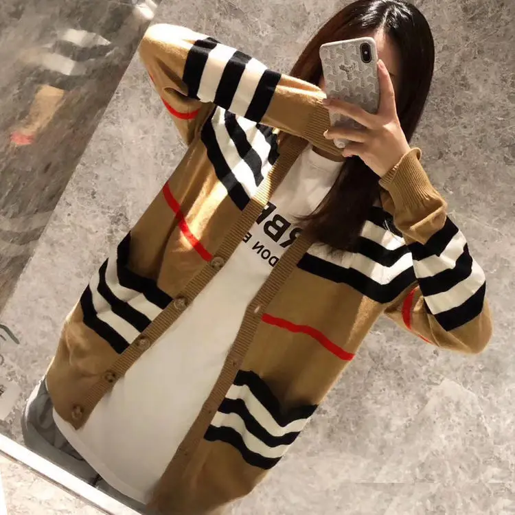 

Feminine Elegant Casual High Quality British Retro Classic Stripe V Neck Long Sleeve Cardigan Elastic Coat