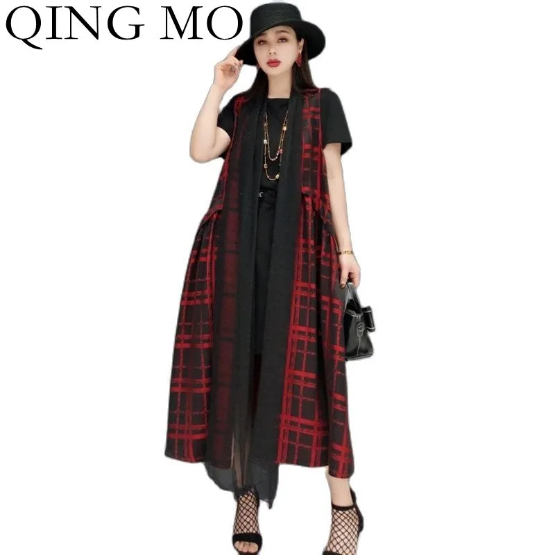 

QING MO 2022 Spring New Sleeveless Windbreaker Long Coat Womne Fashion Mesh Stitching Loose Casual Cloak Coat Red ZWL2239