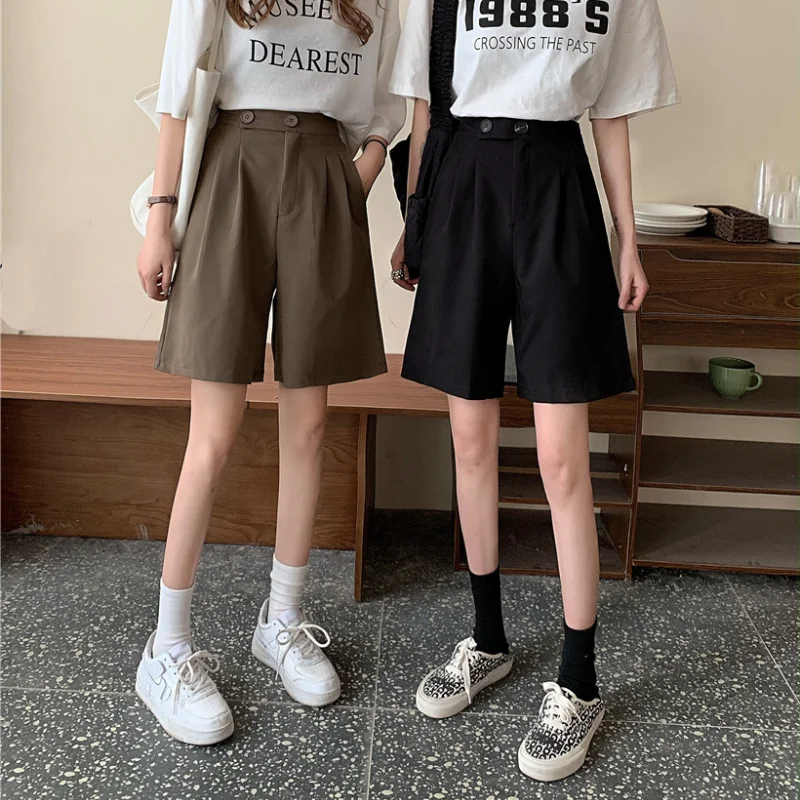 Summer 2021 New preppy style Suit Shorts Loose Casual Fashion Straight High Waist Shorts with Front Pleats Streetwear Women