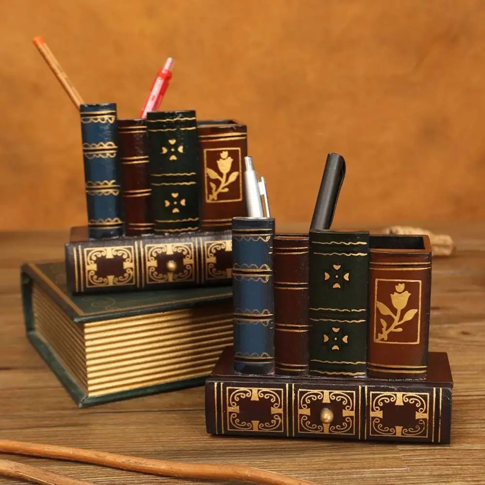 

Pen Holder Office Ornament Desk Organizer Sundries Storage Drawer Book Model Pen Holder Pen Case Book Shape Retro Wood
