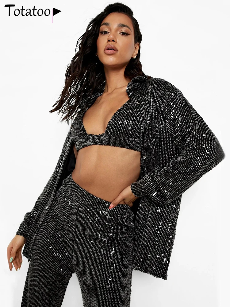 Totatoop-женская блузка на пуговицах с V-образным вырезом и пайетками рубашки длинным