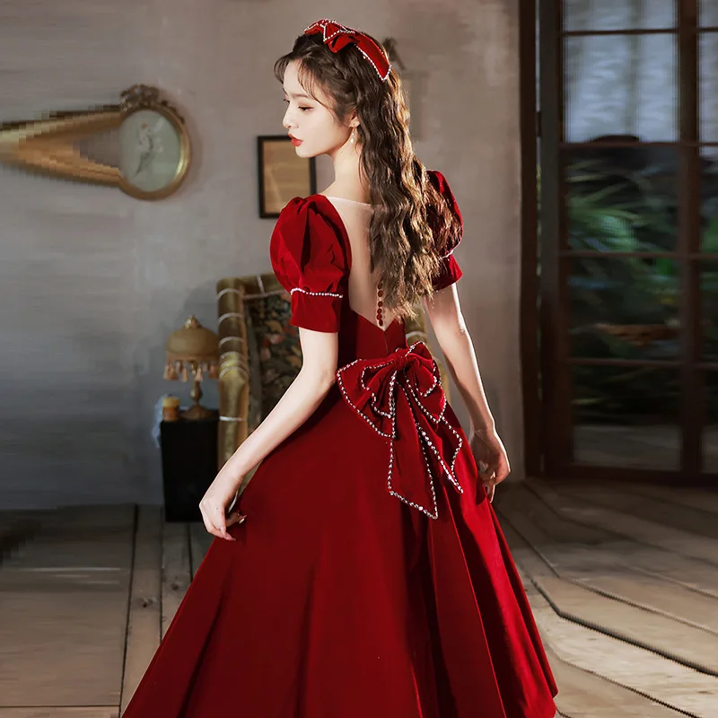 

French Vintage Prom Dress Velvet Burgundy Square Neck Elegant Pearl Decoration Big Bow A-line Birthday Party Gonws