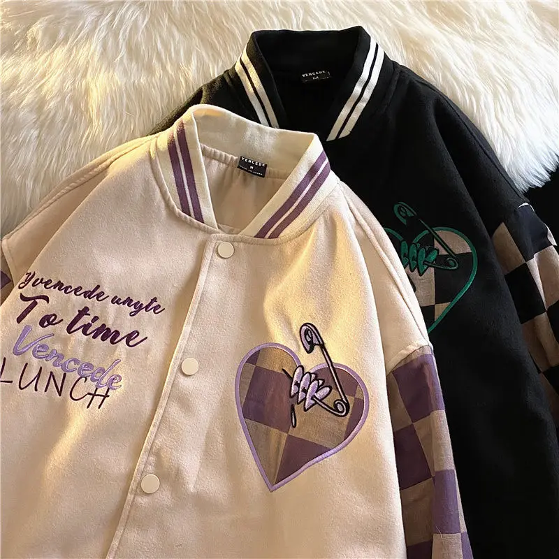 

Spring/Fall Embroidered Bomber Jacket Women Baseball Uniform High Street Style Checkerboard Stitching Long-sleeved Coat