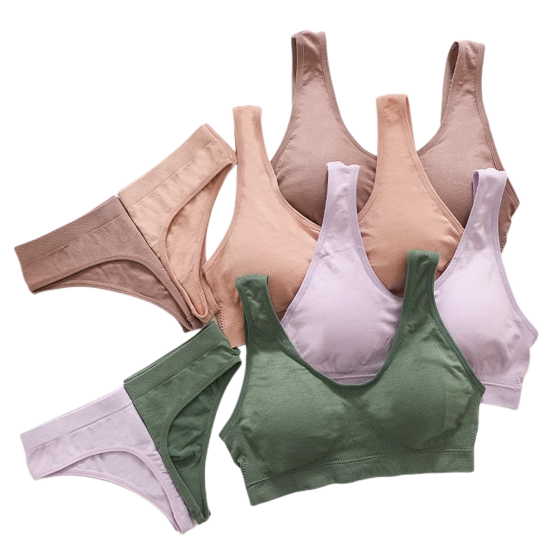 

Women Bra Set Female Underwear Seamless Lingerie Set Removable Pads Sports Bra Top Bralette Wireless Brassiere Sexy Thongs Set