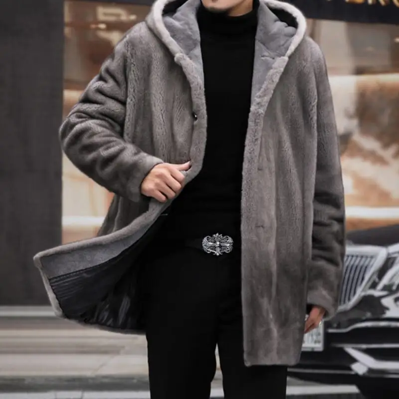 

Autumn and Winter Men's New Personality Plus Size Fashion Casual Hooded Mid-length Imitation Fox Fur Coat S-6XL