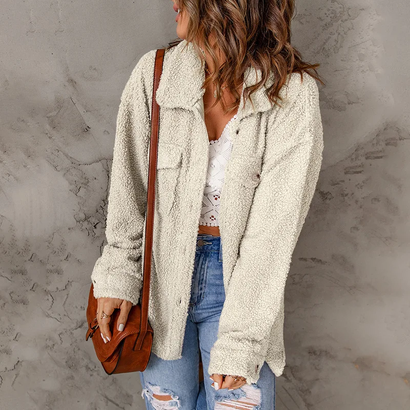 

Женское однобортное шерстяное пальто, однотонное теплое плюшевое пальто с карманами, новинка зимы 2022