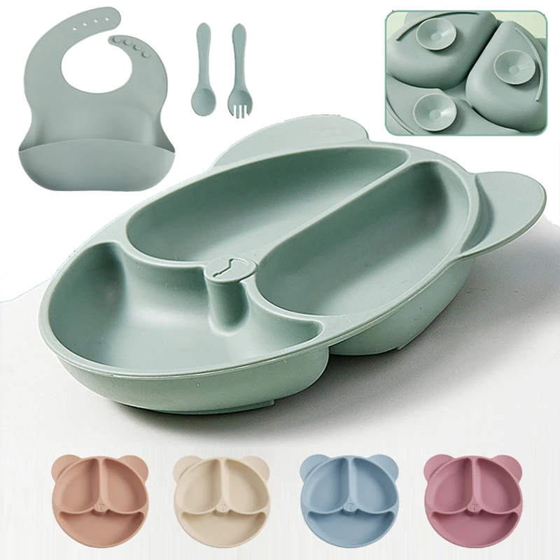 

Baby Silicone Plates Children's Dishes Set Food Grade Sucker Cartoon Bear Bowl Bib Kids Spoon Fork Cute Tableware Set Non-slip
