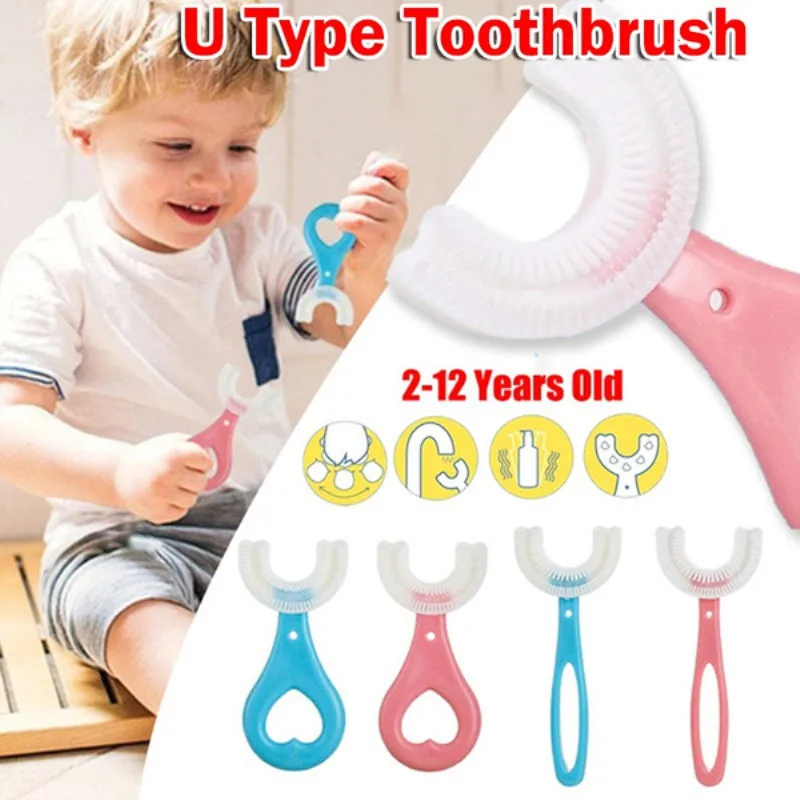 

2-12Years Old U-shaped Kid Baby Toddler Children Teeth Oral Care Teeth Cleaning Silicone Brush with Handle Children's Toothbrush