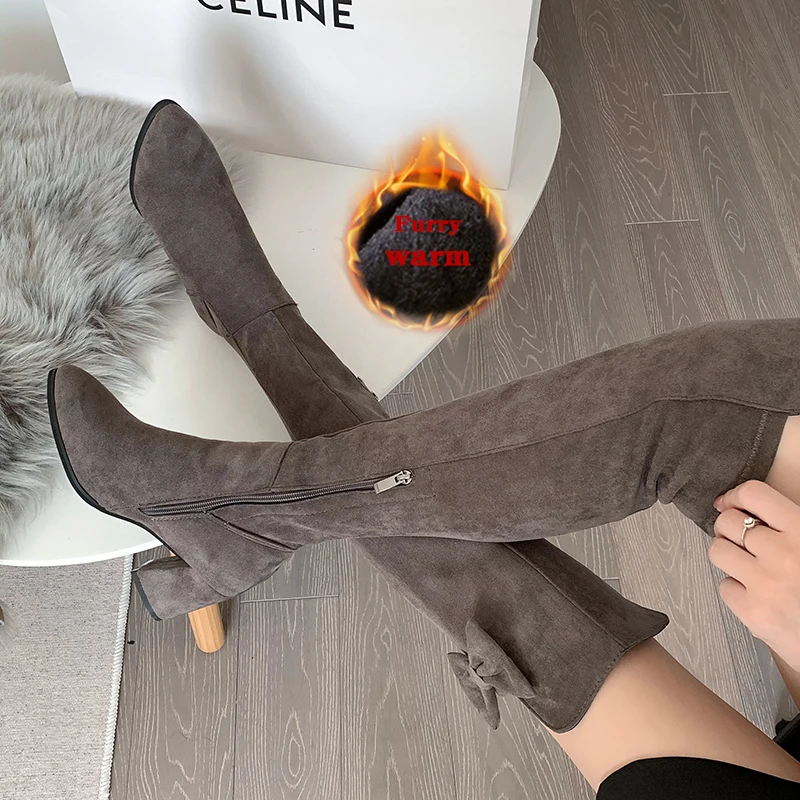 

High Boots For Women Warm Ladies Modern Boots Fur Winter Female Shoes Heels 2023 Fashion Over-the-Knee Western Chelsea Boots
