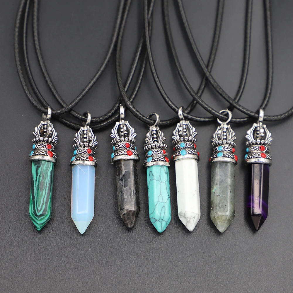 

Fashion Silver Crown Natural Stone Pillar Point Pendant Rose Quartz Crystal Necklace Shape Making Charms Diy Jewelry Accessories