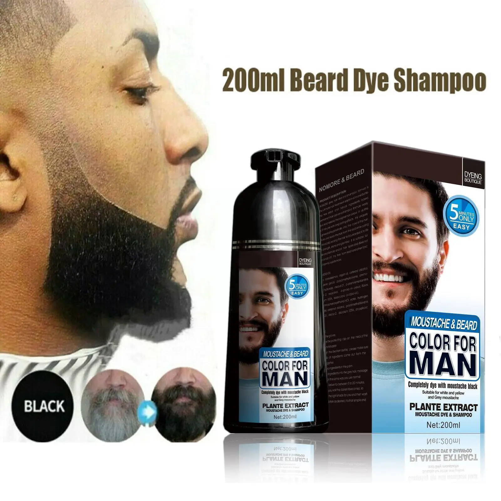 200ml Permanent Beard Dye Shampoo Organic Fast Hair Dye Dye Hair Men Cream Dye Essence Black Botanical Care Beard Hair I1Q7