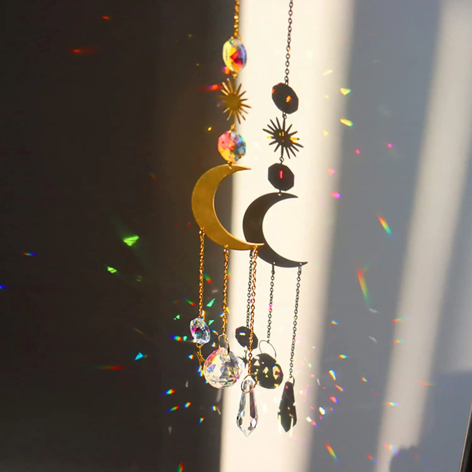 Crystal Moonphase Sun Catcher Glass Hanging Suncatcher Pendant Rainbow Maker Ornament For Home Office Garden Decoration Gift