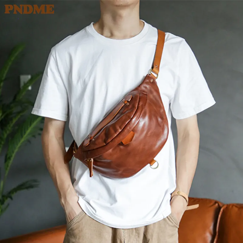 PNDME retro fashion natural real leather men chest bag simple casual handmade designer top cowhide youth diagonal small handbag