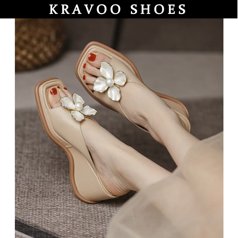 

KRAVOO New Wedges Shoes for Women High Heels Slippers Women's Flower Pearl Casual Sandals Square Toe Peep Toe Beach Slides 2023