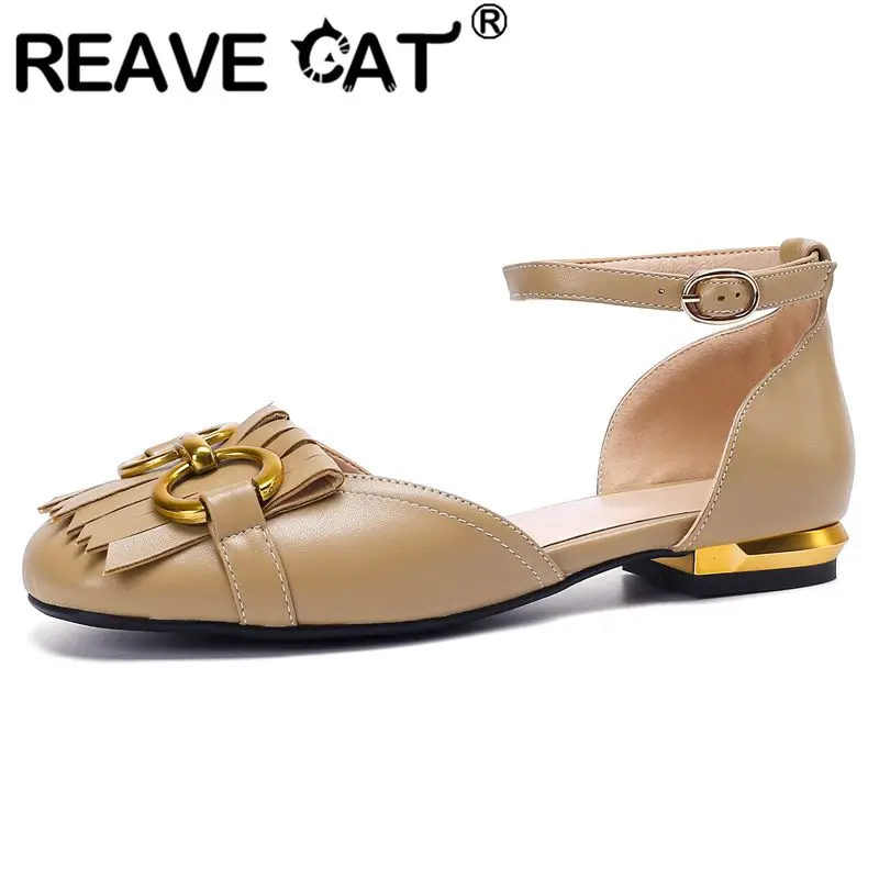 

REAVE CAT 2022 Women Sandals Square Toe Flats Cover Heel Buckle Strap Metal Decoration Tassels Soft Big Size 33-43 Leisure S3850