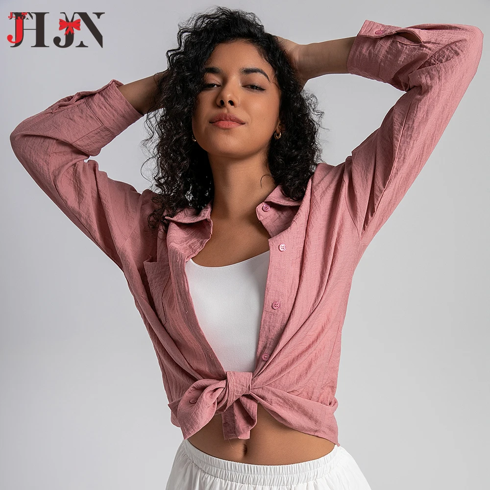 JHJN розовая женская блузка повседневная однотонная рубашка топы с вышивкой на