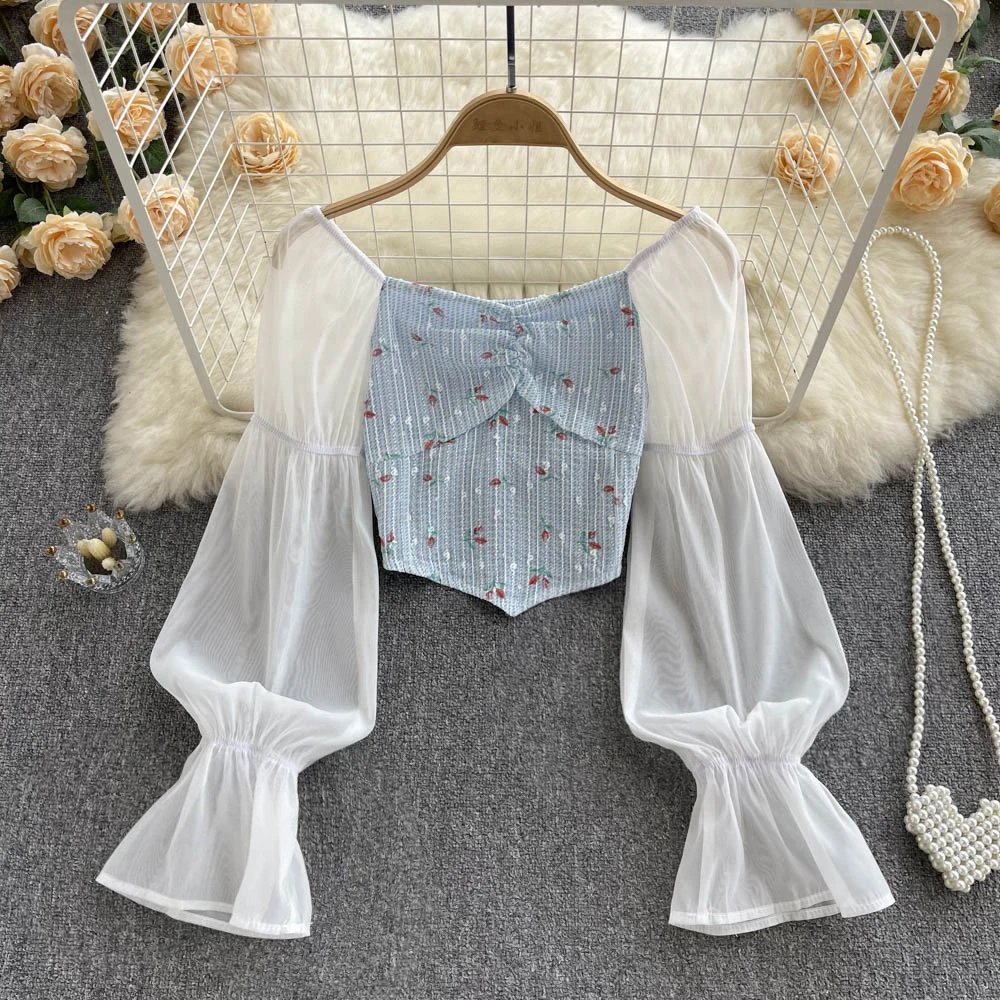 

Women New Fashion Spring Summer Square Neck Perspective Long Sleeve Slim Mesh Stitching Shirt Blouse Short Tops Mujer E885