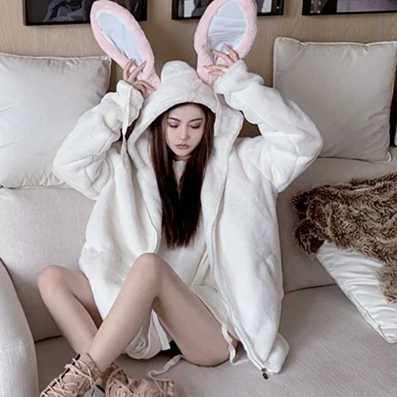 Rabbit Ears Imitating Rex Rabbit Fur Plush Faux Fur Coat Women's Hooded Thick and Warm Autumn and Winter Kawaii Cute Jacket