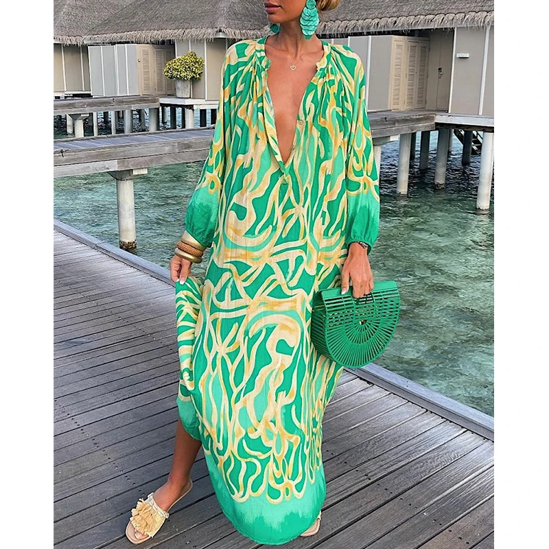 

Sexy Casual Women Loose Long Sleeve Round Maxi Dress Going Out Neck Abstract Print Lantern Sleeve Shirt Dress