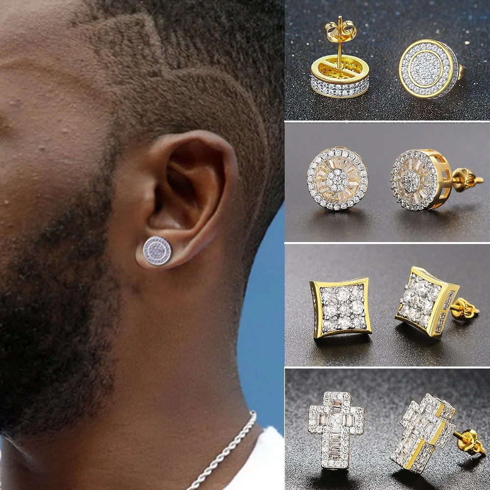 

HipHop Rock Cartilage Earring for Men Iced Out Cubic Zirconia Gold Piercing Screw Ear Studs Accessories Hippie Iced Male Jewelry