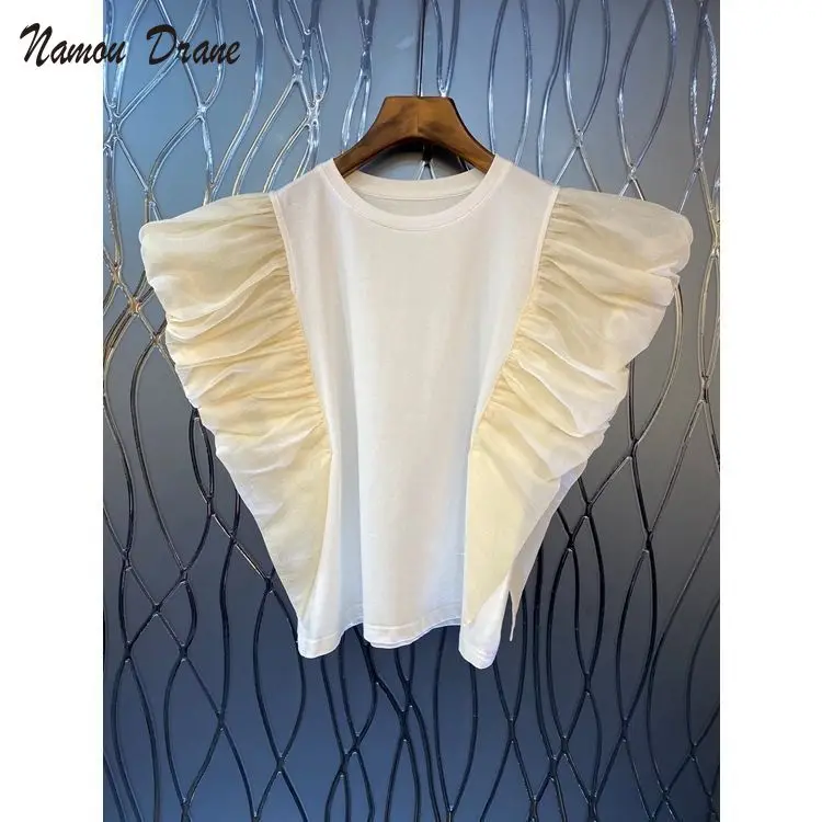 

Fashion Folds Ruffle Patchwork Woman Tshirts Causal Flying Sleeve O-neck Tops 2022 Summer New Fashion Graphic T Shirts