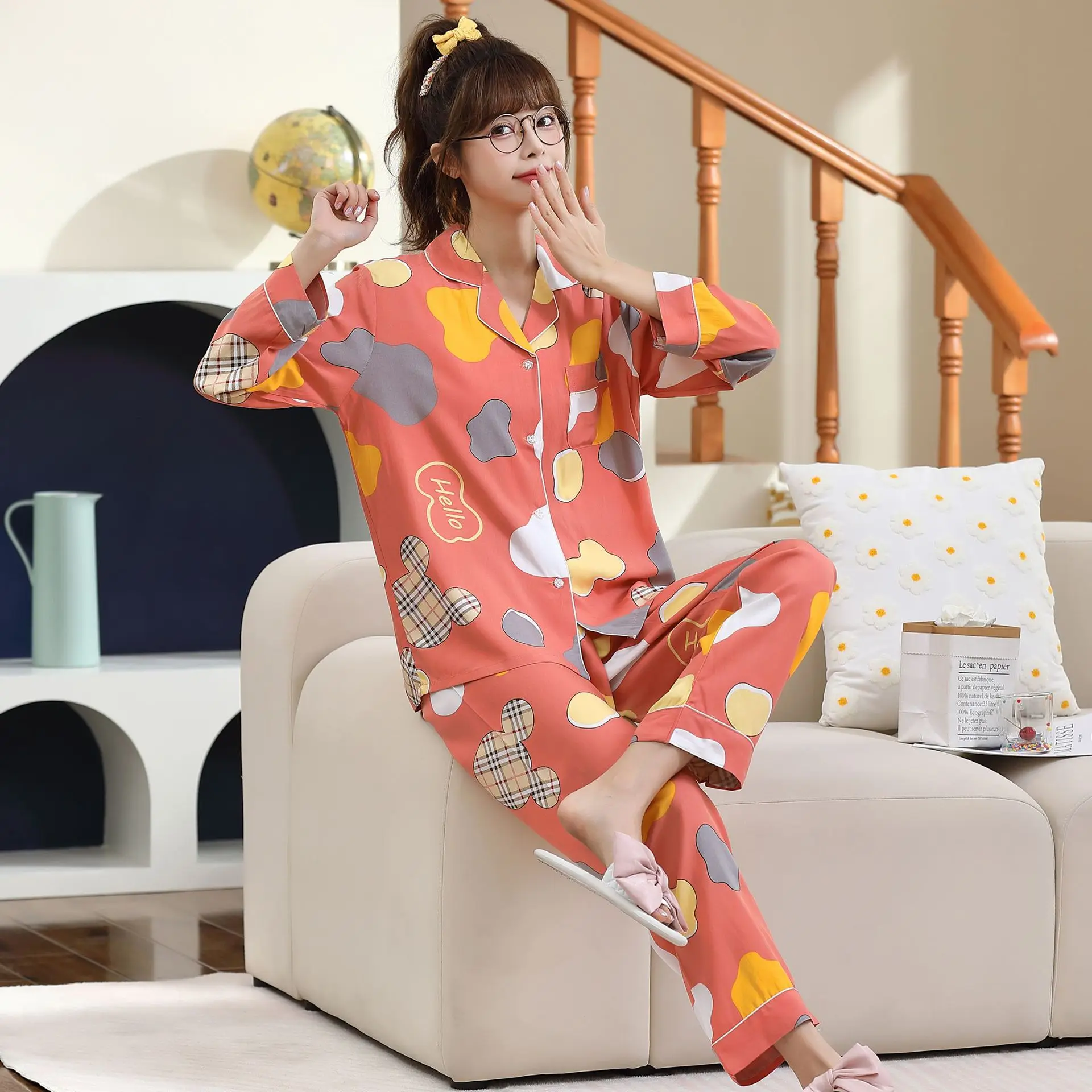 Pajamas Spring and Autumn Cotton Long Sleeve New Lapel Loose Thin Women's Home Wear Two-Piece Suit