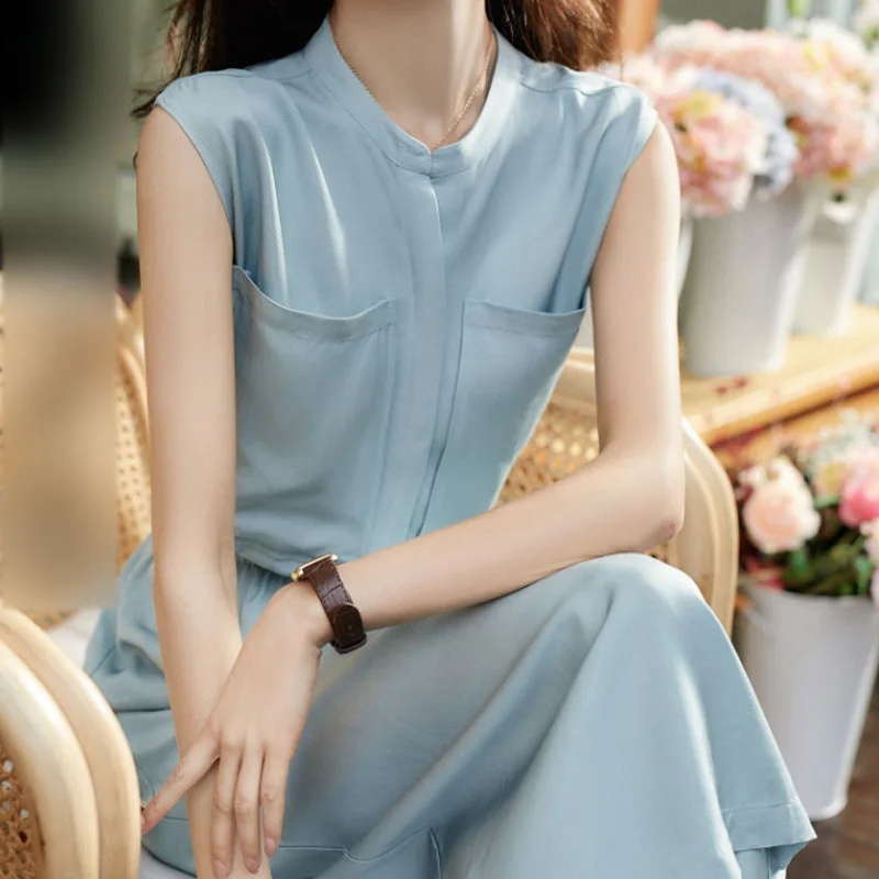 

2023 New Style Slim and Tall Blue Solid Color Women Dress
