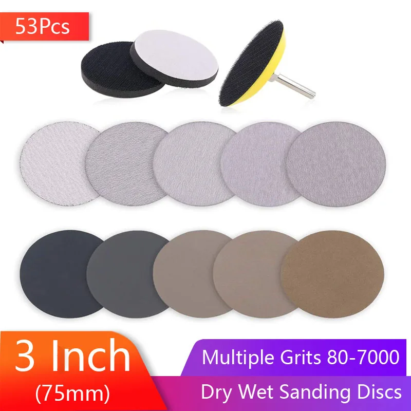 

53 шт 3 дюймов сухой мокрой шлифовальные диски кабельные наконечники в наборе для нескольких зернистости 80-7000 наждачная бумага с 1/4 "для конич...
