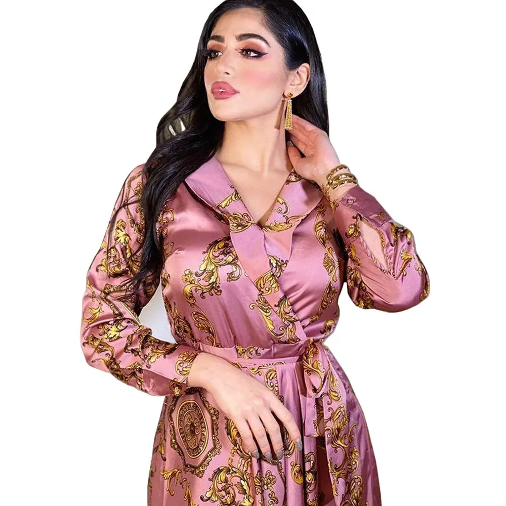 Robe Femme Musulmane Fashion Satin Printed Dress Spring Autumn Middle East Dubai Abaya Turkey Muslim Evening Dresses
