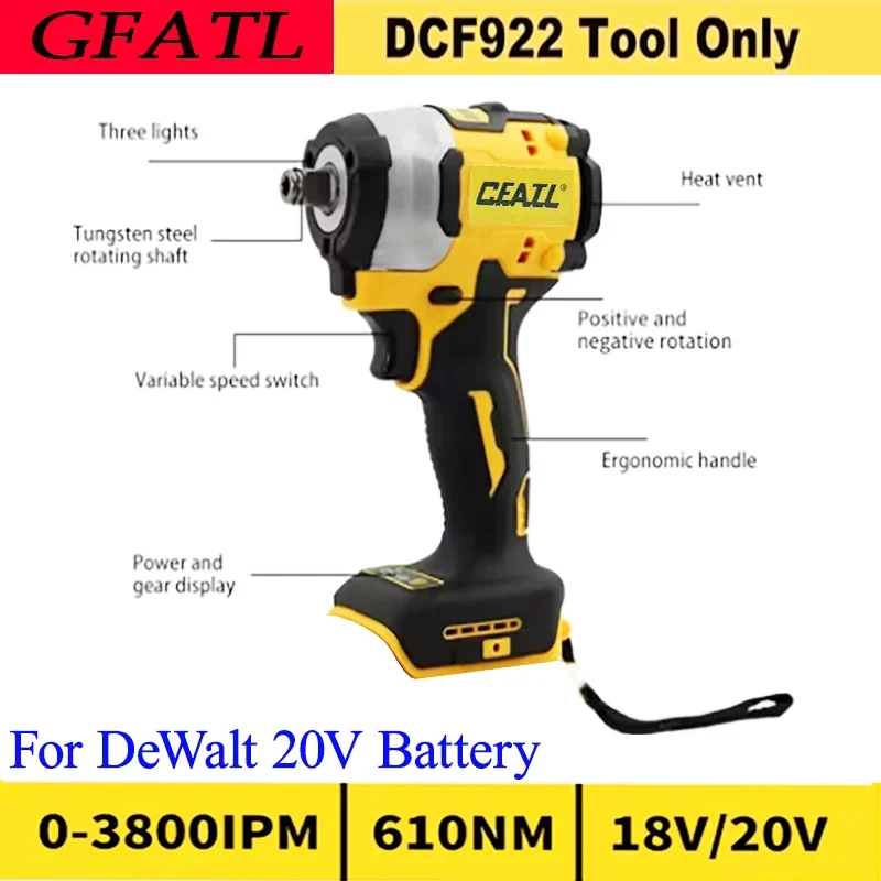 Фото GFATL 610N.M Электрический ударный гайковерт с максимальным крутящим моментом DCF922 Бесщеточный аккумулятор 20 В Перезаряжаемый двигатель с регулируемой скоростью Электроинструменты №4