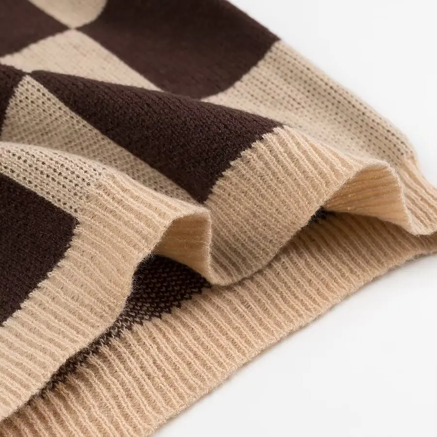 TRAFZA женский винтажный клетчатый свитер с круглым вырезом коричневый пуловер со