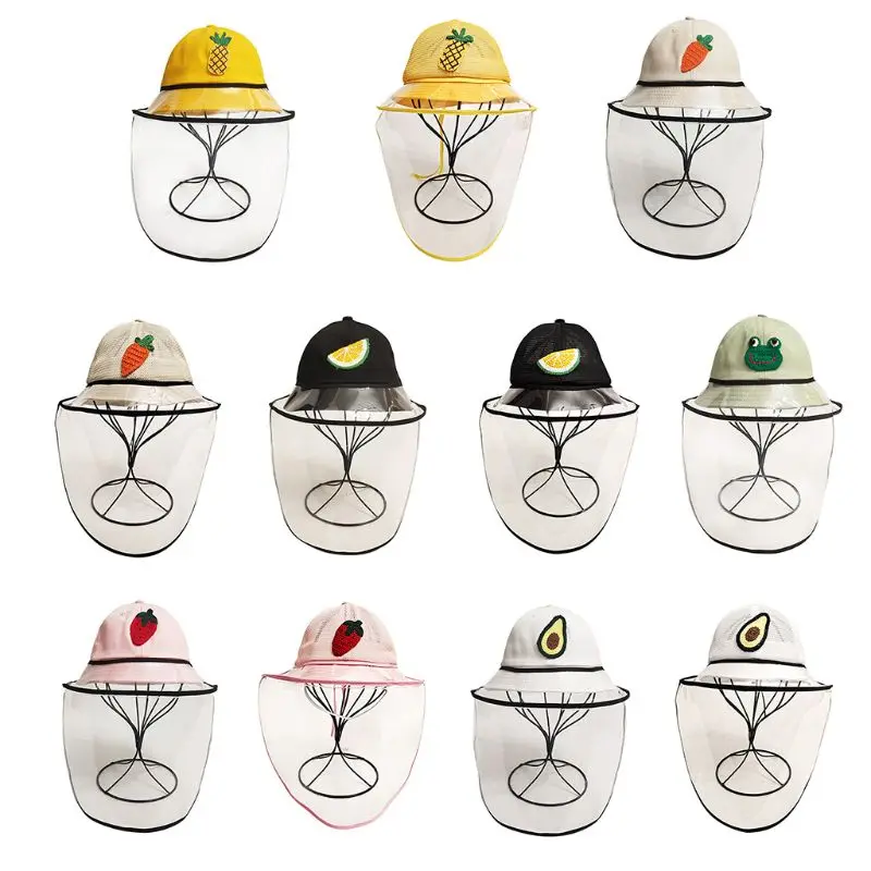 

Infant Baby Kids Protective Bucket Hat Detachable Clear Face Shield Anti-Saliva Cute Fruit for FROG Embroidery Wide Brim Cap