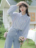 blue striped long sleeved spring autumn top shirts fashion blouses 2022 cheap vintage clothes for women female clothing harajuku