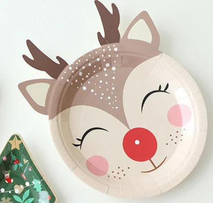 Одноразовая рождественская посуда из бумаги с Санта-Клаусом, елкой, лосем  (10 шт.)