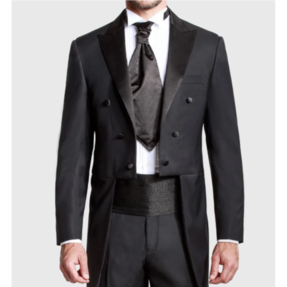 Custom Made 2PCS  Black Groom Tailcoat Pant Suit Peaked Lapel Long Tail Men Wedding Bridegroom Best Groomsmen Wedding Tuxedos